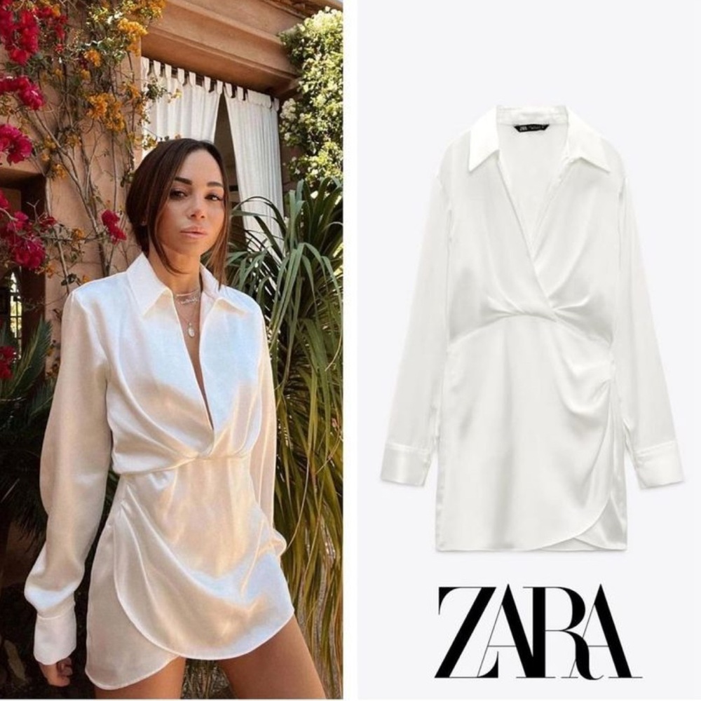 Zara Cream Long Sleeve Satin Dress